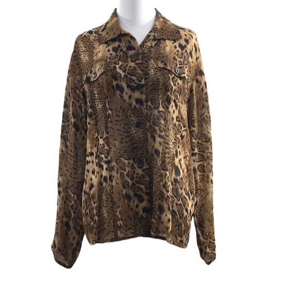 Chico's Brown‎ Animal Print Button Front Shirt Womens 2 Large 12 100% Silk - Picture 1 of 12